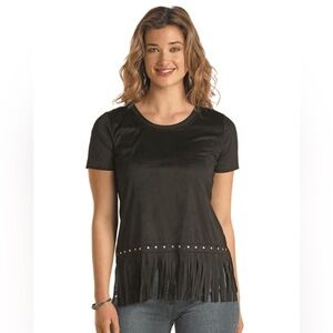 Panhandle Women's Black Fringe Short Sleeve Top plus size 2X western festival